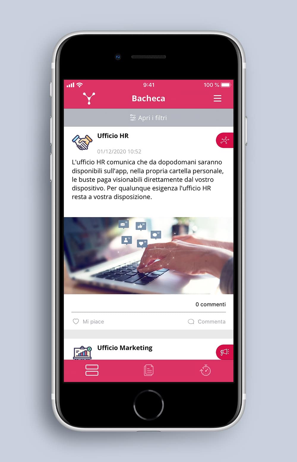 immagine della schermata dell'app relativa al Modulo Bacheca: il social network aziendale