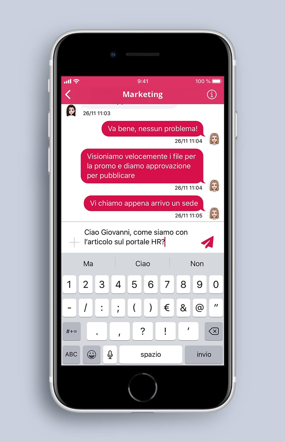 La chat aziendale interna avviene all'interno dell'App per dipendenti MyNet