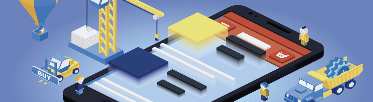 schermo del cellulare con sopra delle costruzioni, un camion, una gru