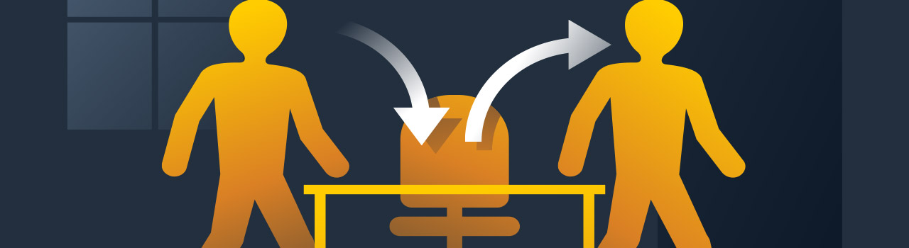 Turnover del personale: due omini gialli si scambiano la sedia