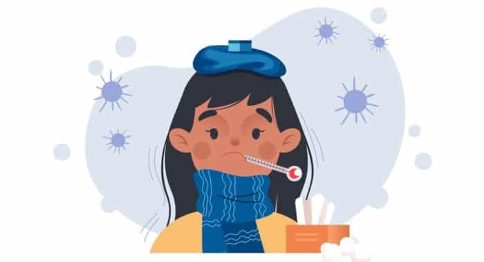 certificato malattia: grafica di una persona ammalata con il termometro e fazzoletti